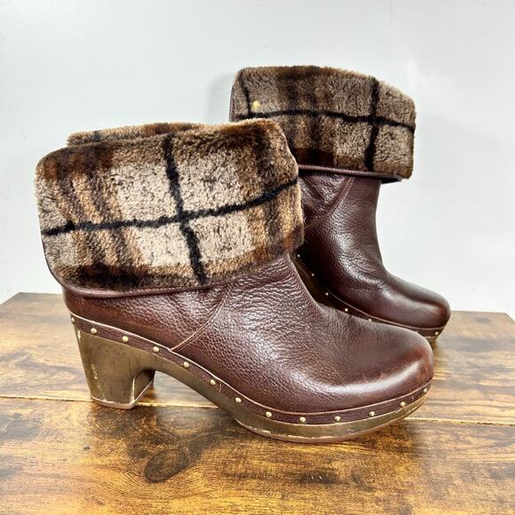 Ugg Womens 12 Leather Lynnea Wood Fleece Lined Ankle Boots Booties Fall Winter - Picture 1 of 14